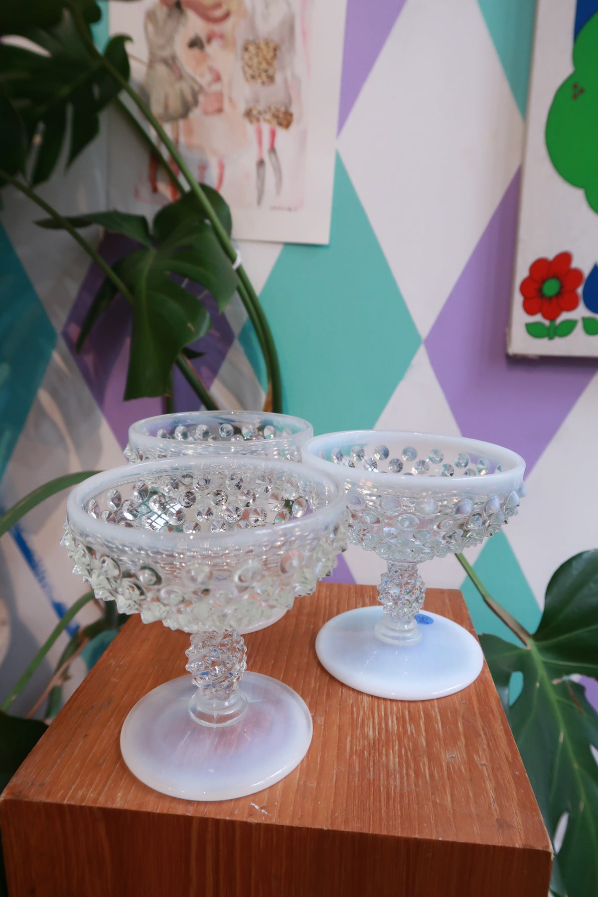 Set of vintage Hobnail milk glass pedestal dessert bowls by Elektra Vintage, opalescent footed glass compotes for serving desserts.
