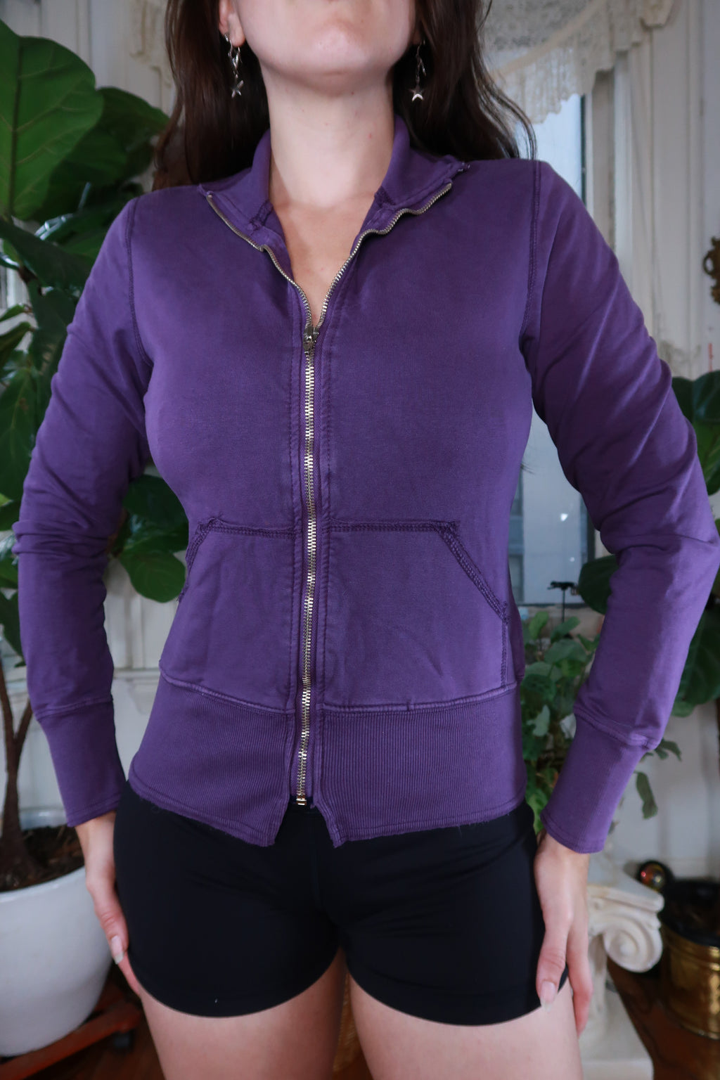Women's vintage Y2K Yogi purple zip-up jacket by Elektra Vintage, featuring a fitted design and classic retro style.