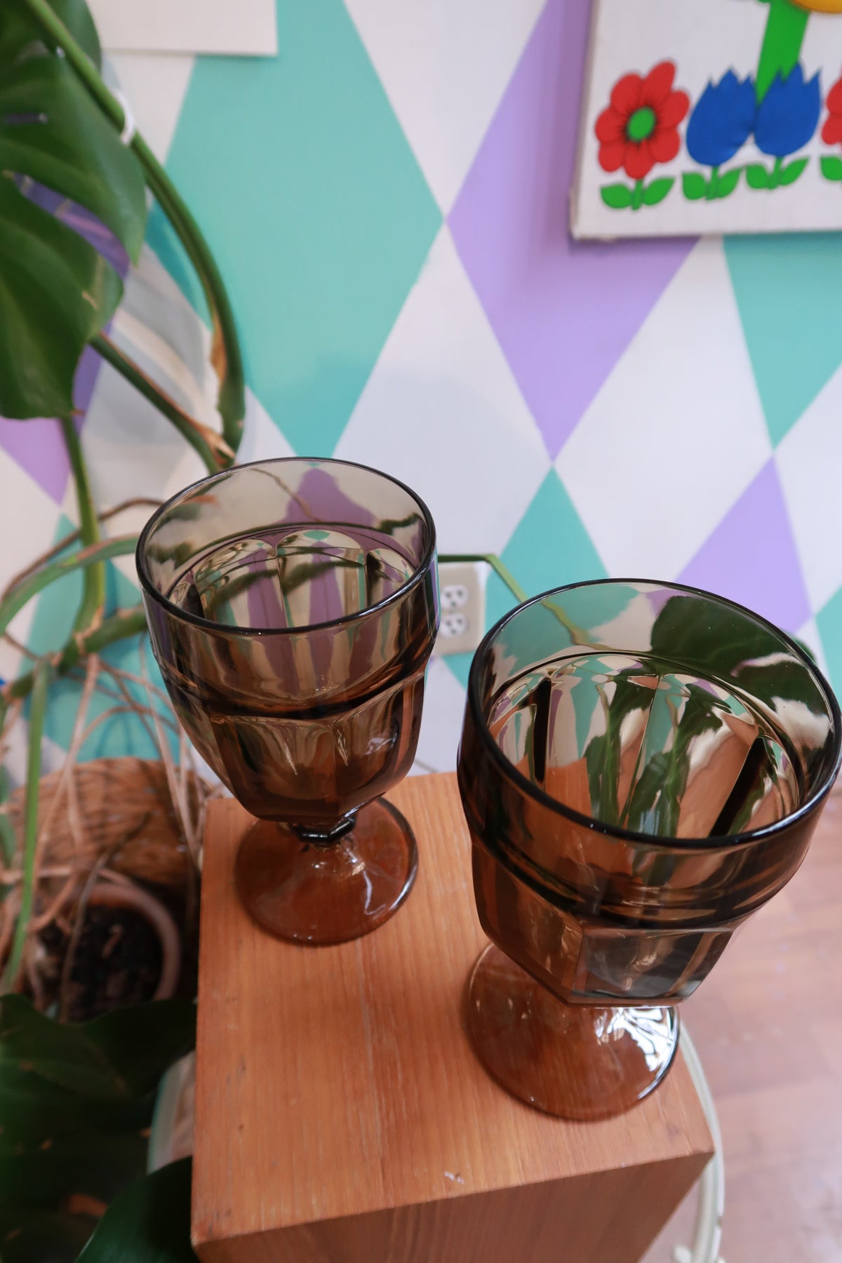 Two vintage Smoke Brown pressed glass goblets with faceted design, retro style drinking glasses by Elektra Vintage