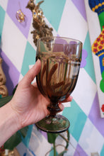 Load image into Gallery viewer, Vintage Smoke Brown Pressed Glass Goblets – Faceted Retro Drinking Glasses
