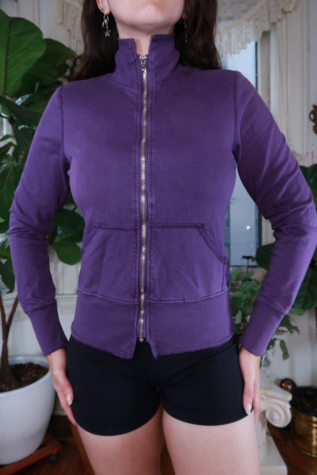 Vintage Y2K Yogi purple zip-up jacket for women by Elektra Vintage, featuring a stylish retro-inspired design.