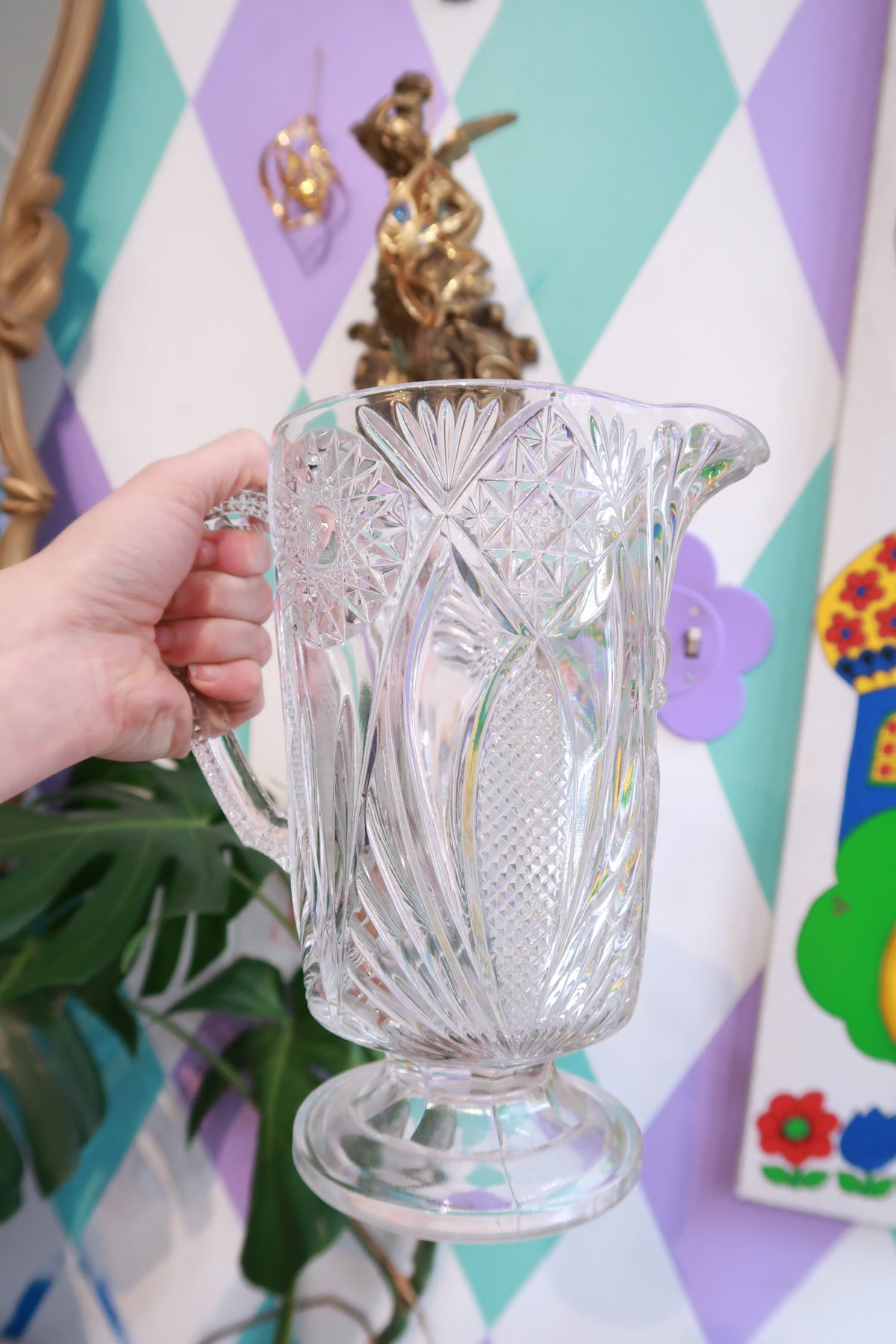 Elektra Vintage vintage pressed cut glass pitcher with starburst and fan pattern, pedestal water pitcher with intricate design.