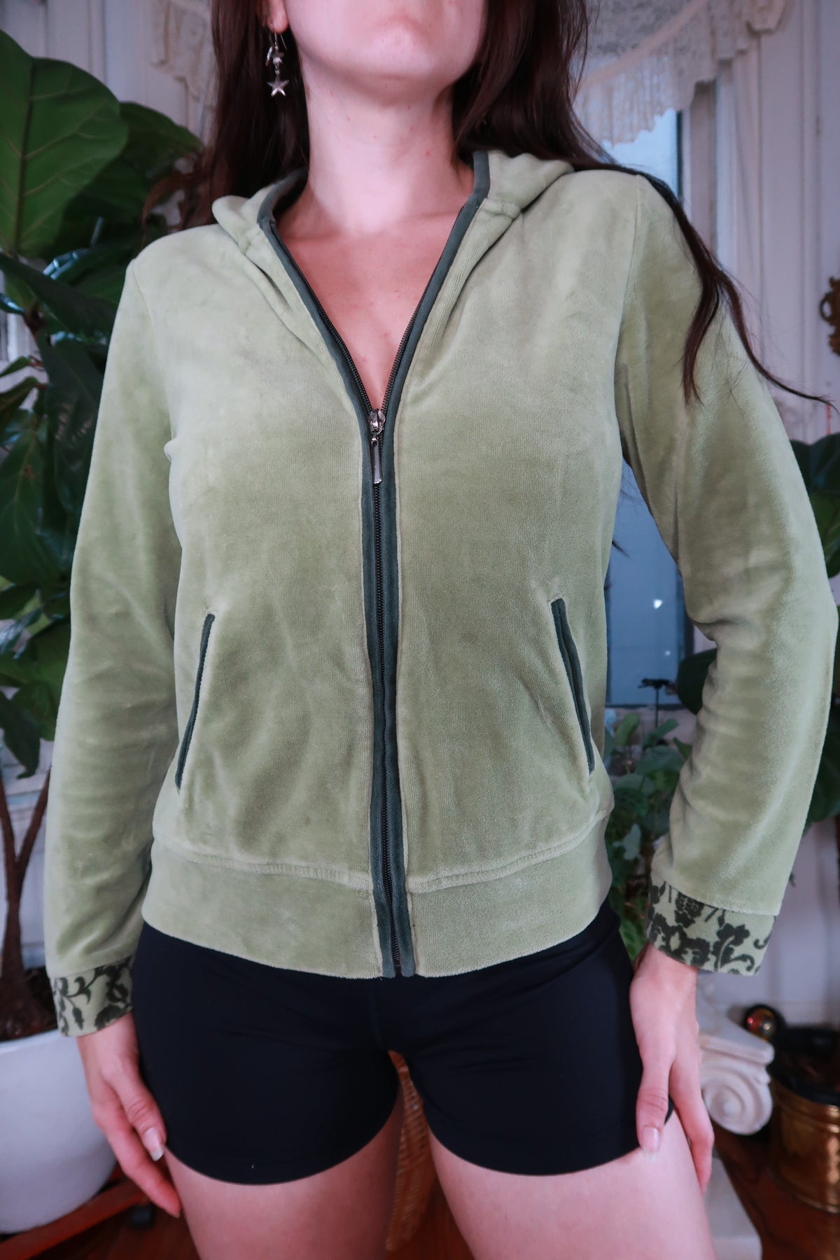 Elektra Vintage women's sage green velour zip-up hoodie, vintage Y2K style, with front zipper and soft velour fabric.