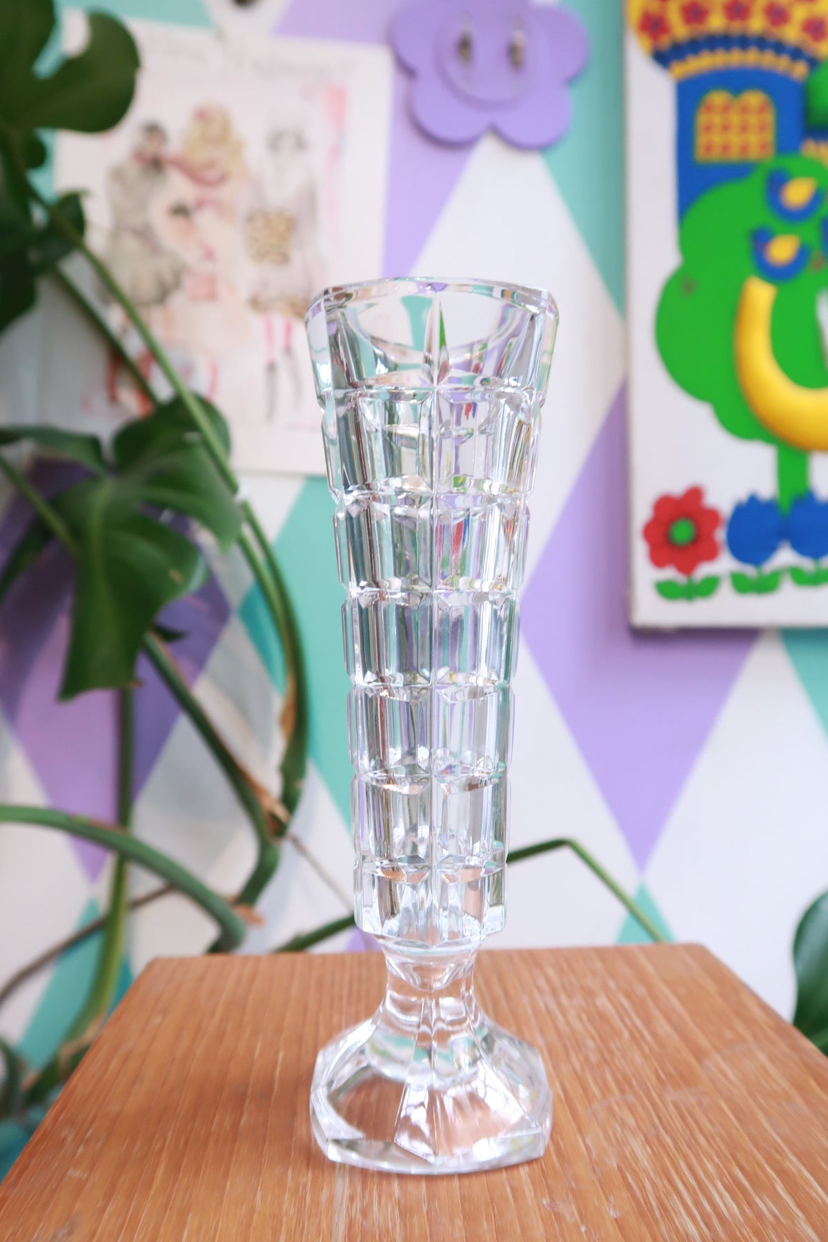 Tall vintage crystal cordial glass with faceted pedestal and cut design by Elektra Vintage, perfect for liqueurs and spirits.