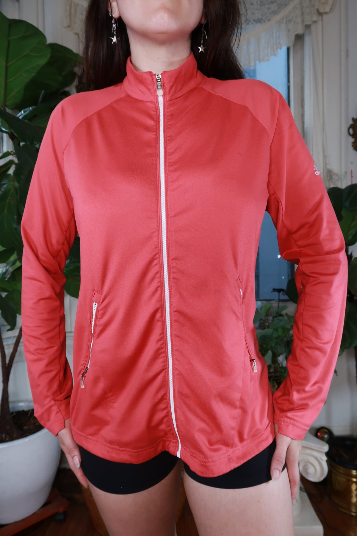Vintage Y2K Adidas coral pink zip-up track jacket for women, from Elektra Vintage, with a sporty casual style.