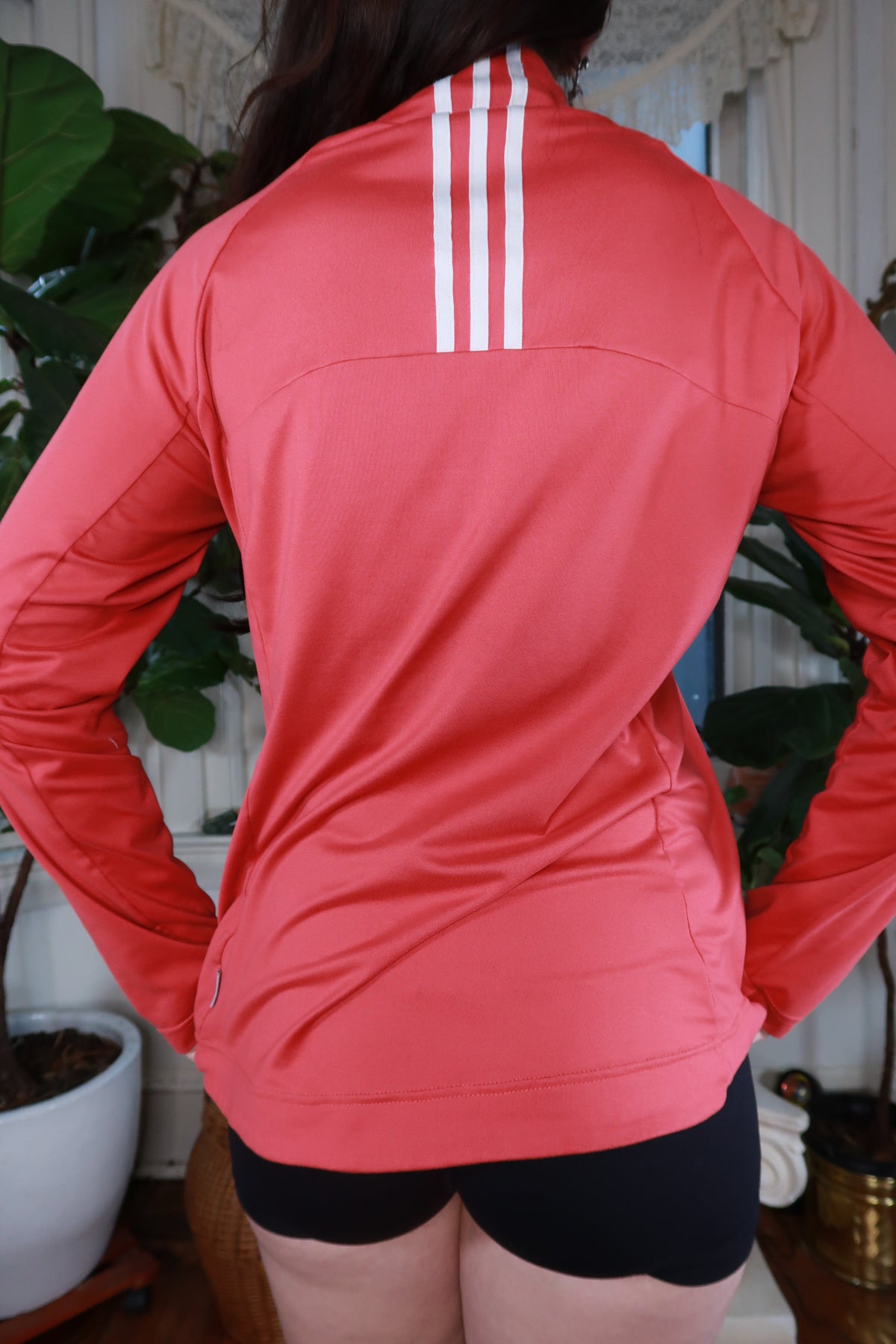 Vintage Y2K Adidas coral pink zip-up track jacket for women, with embroidered logo and sporty style.