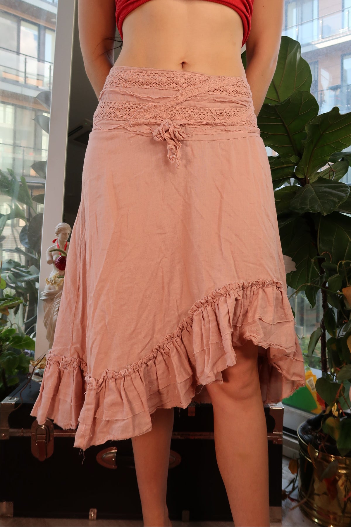 Vintage Y2K dusty rose boho skirt with ruffle hem and crochet waist by Elektra Vintage, flowing and feminine style.