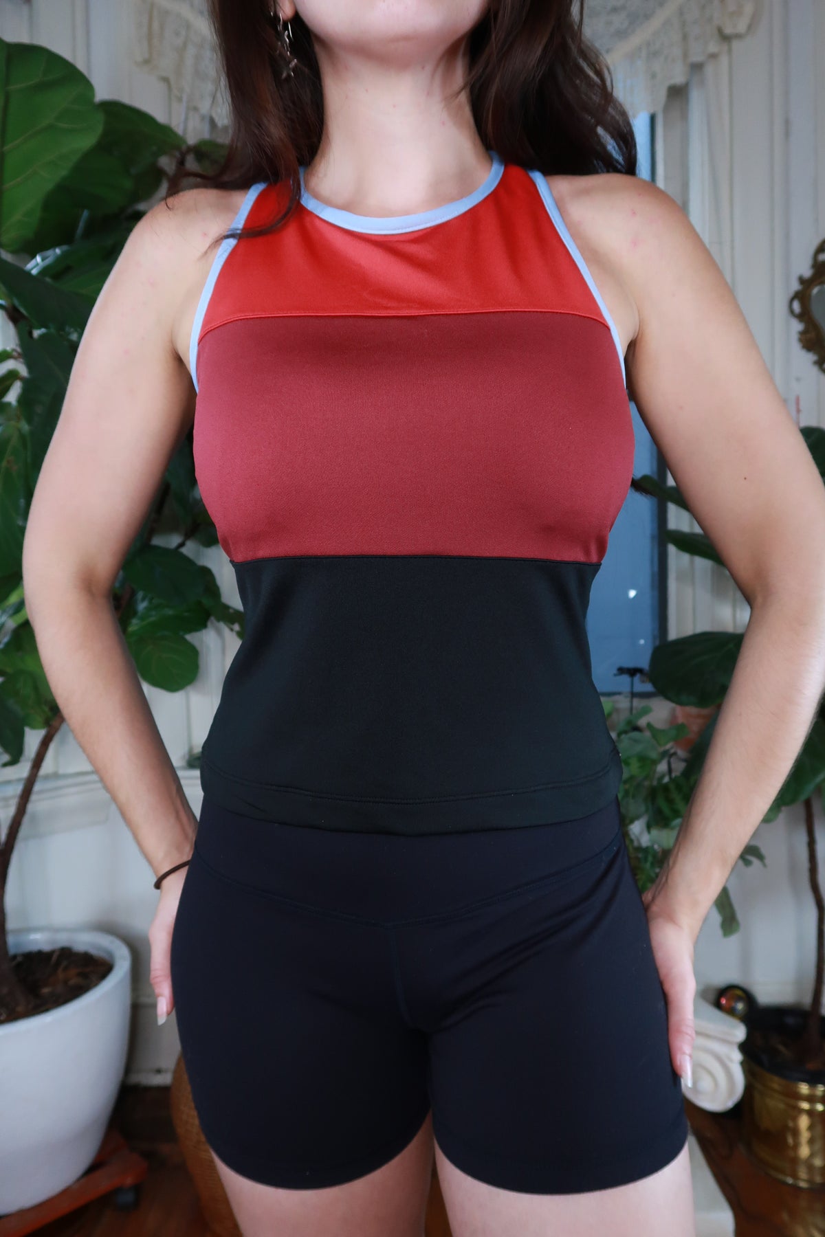 Women's vintage Y2K athletic tank top by Elektra Vintage, red and black colorblock design, sleeveless athletic top for women