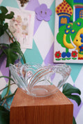Vintage clear pressed glass bowl with swirl design, retro Elektra Vintage serving bowl for salads or desserts.