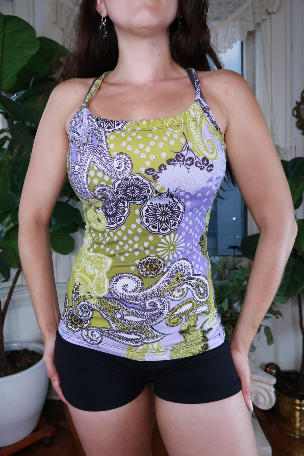 Vintage Elektra Y2K purple and green paisley floral tank top for women, featuring a retro sleeveless design with vibrant print.
