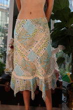Load image into Gallery viewer, Vintage 2000s patchwork handkerchief hem skirt by Elektra Vintage showing colorful fabric panels and flowing design.
