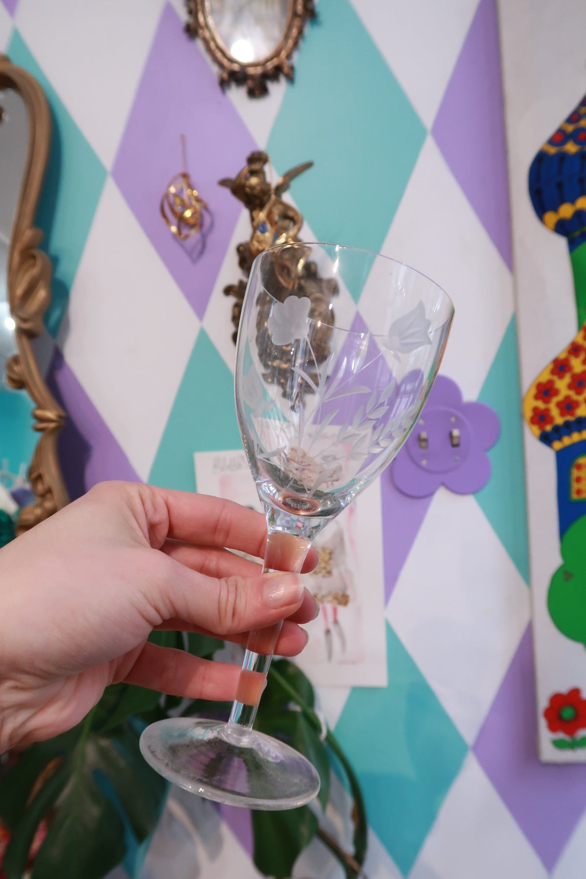 Set of three vintage etched floral wine glasses by Elektra Vintage, featuring frosted flower stemware with elegant etched floral designs.