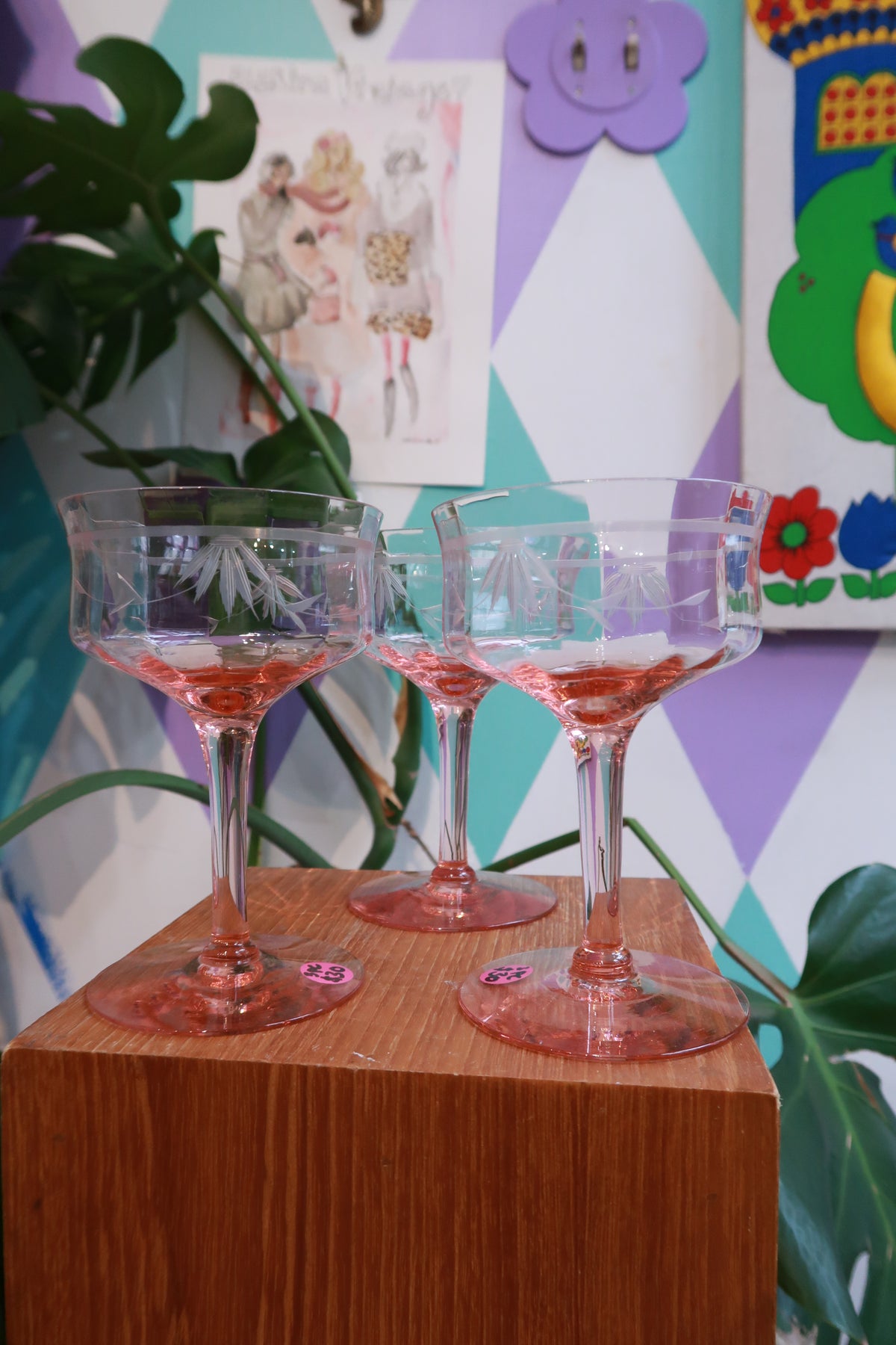 Set of three Elektra Vintage pink stem coupe glasses with etched floral design, perfect for champagne and special occasions