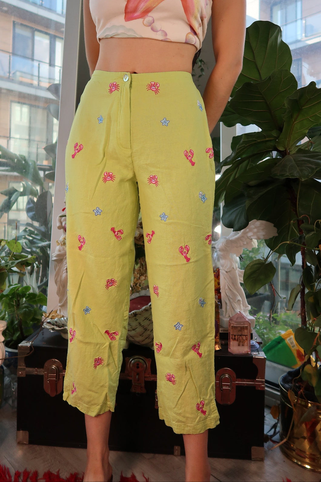 Vintage Y2K Lime Green Linen Blend Cropped Pants with Sea Creature Embroidery