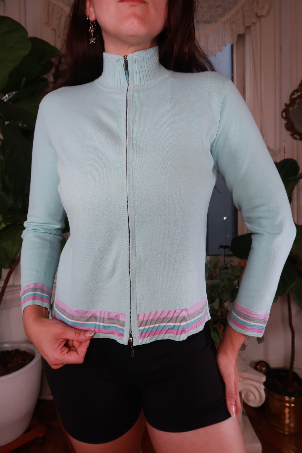 Vintage Y2K Pastel Blue Striped Zip Up Sweater