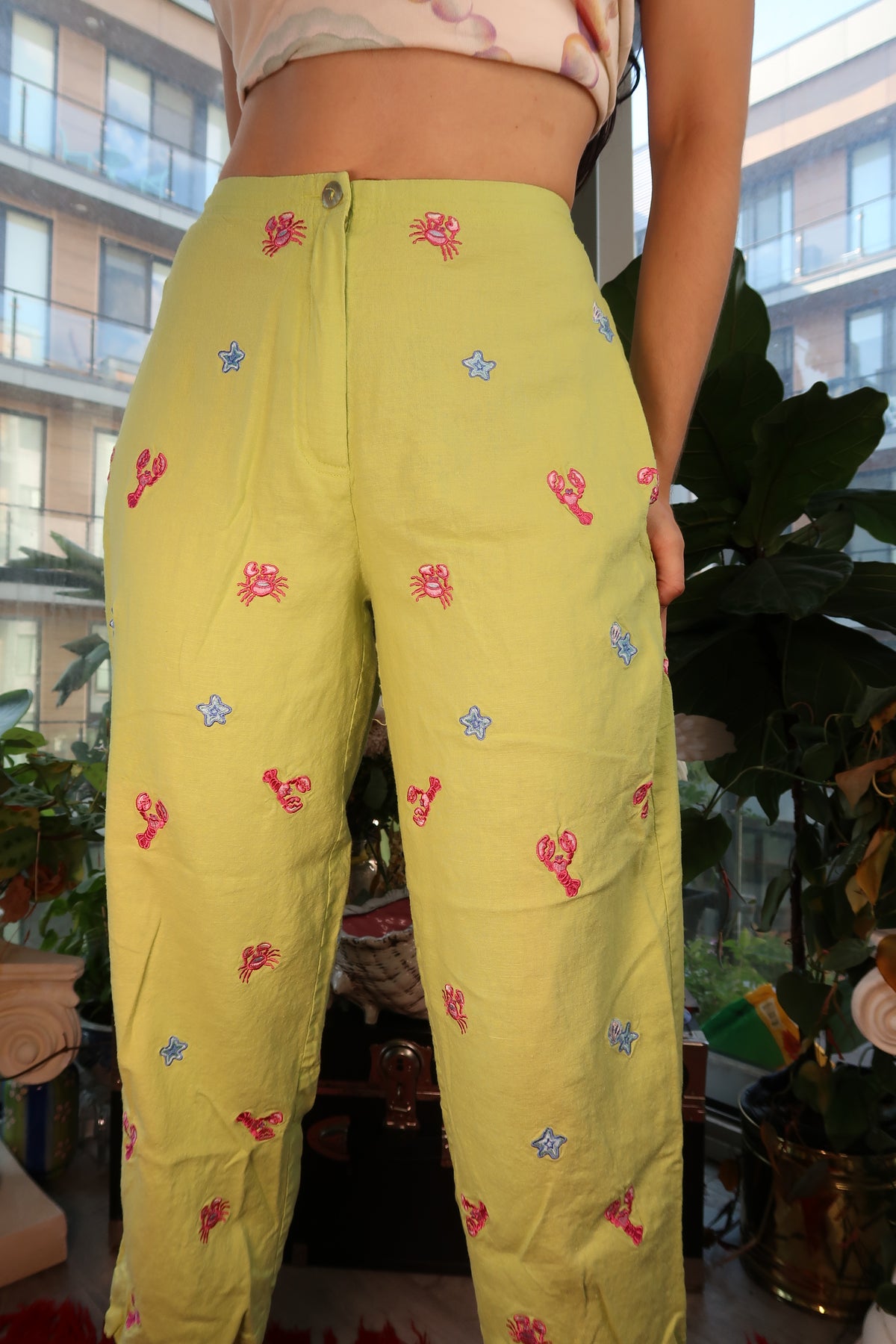 Vintage Y2K Lime Green Linen Blend Cropped Pants with Sea Creature Embroidery - Elektra Vintage