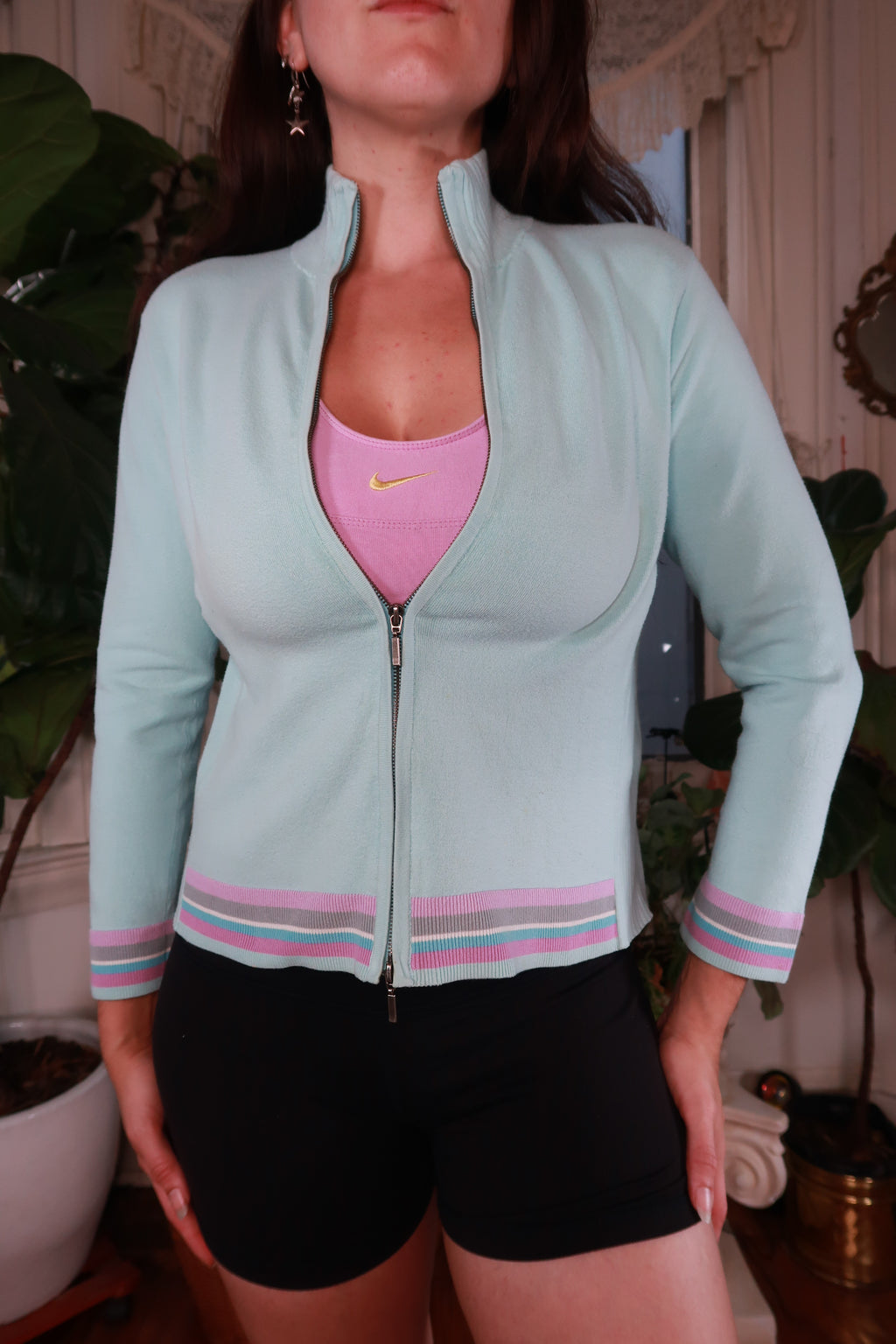 Vintage Elektra Women's Y2K Pastel Blue Striped Zip-Up Sweater, casual top with pastel colors and striped pattern, front zipper.