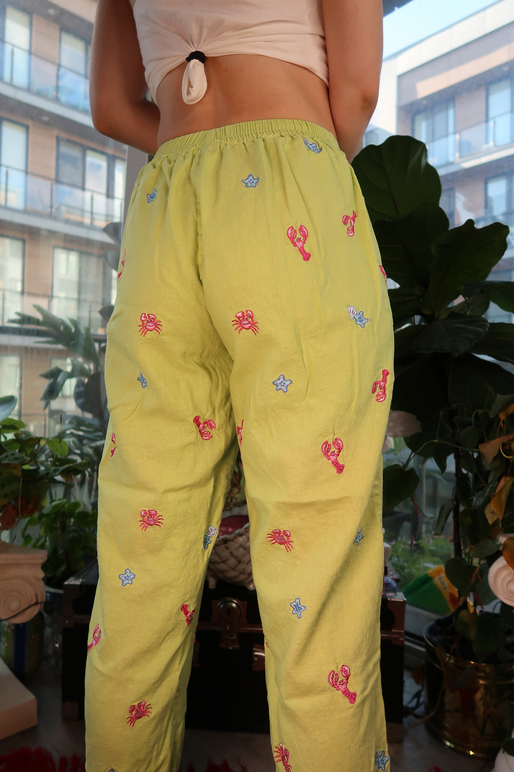 Vintage Y2K Lime Green Linen Blend Cropped Pants with Sea Creature Embroidery - Elektra Vintage