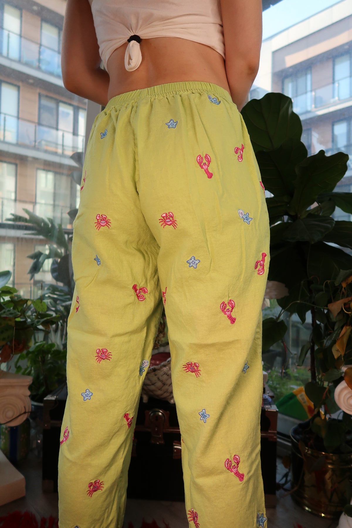 Vintage Y2K Lime Green Linen Blend Cropped Pants with Sea Creature Embroidery - Elektra Vintage