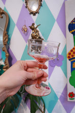 Load image into Gallery viewer, Set of three Elektra Vintage pink stem coupe glasses with etched floral design, blush glass champagne coupés, elegant and decorative.
