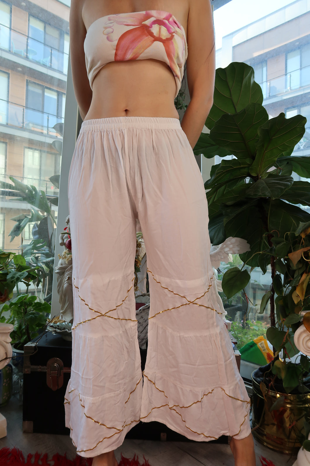 Vintage 90s White Tiered Boho Lounge Pants with Gold Trim