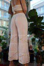 Load image into Gallery viewer, Vintage 90s White Tiered Boho Lounge Pants with Gold Trim
