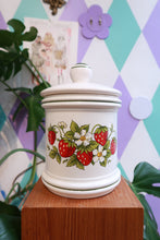 Load image into Gallery viewer, Vintage strawberry ceramic kitchen canister with lid, Elektra Vintage retro floral storage jar, featuring red strawberry design and lid.
