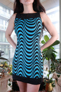 Vintage 2000s blue and black optical print mini dress by Elektra Vintage, featuring a Y2K mod psychedelic shift style.