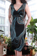 Elektra Vintage black bodycon dress with 2000s abstract wave print, Y2K-inspired wrap style midi dress, graphic design.