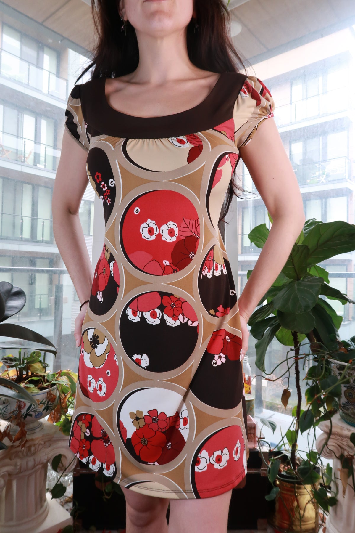 Vintage 2000s Mod Floral Circle Print Mini Dress – Y2K Retro Graphic A-Line Dress