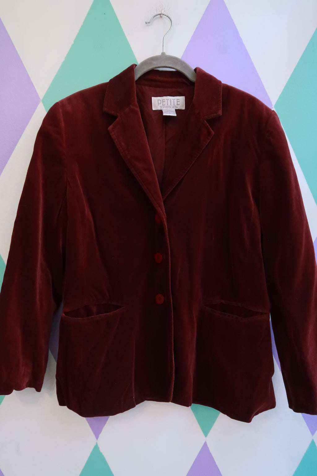 Vintage Burgundy Velvet Blazer Three Button Jacket
