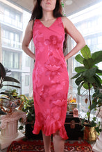 Load image into Gallery viewer, Pink floral slip dress by Elektra Vintage, 2000s Y2K satin bias cut midi dress with floral pattern and vintage style.
