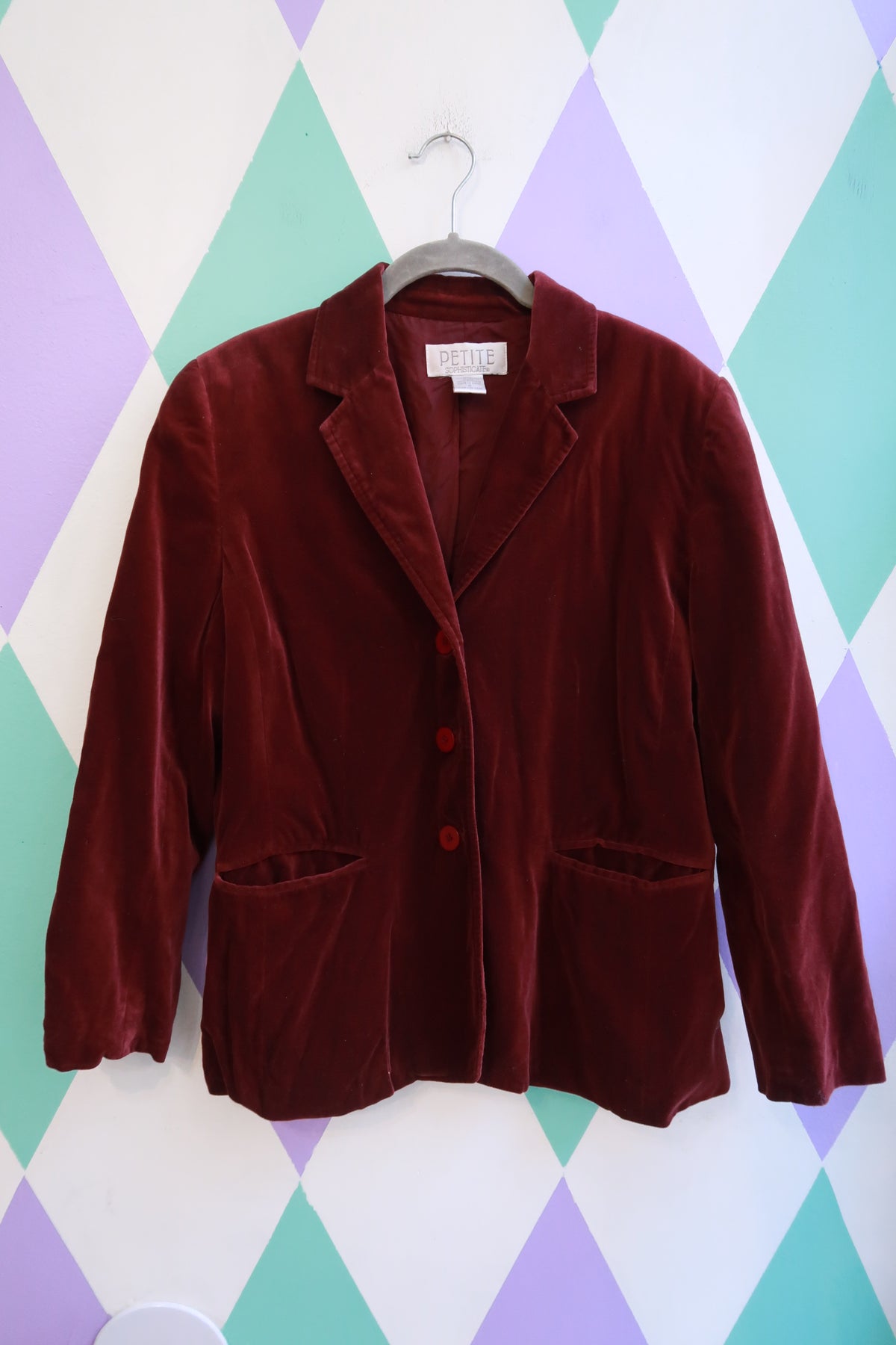 Vintage Burgundy Velvet Blazer Three Button Jacket