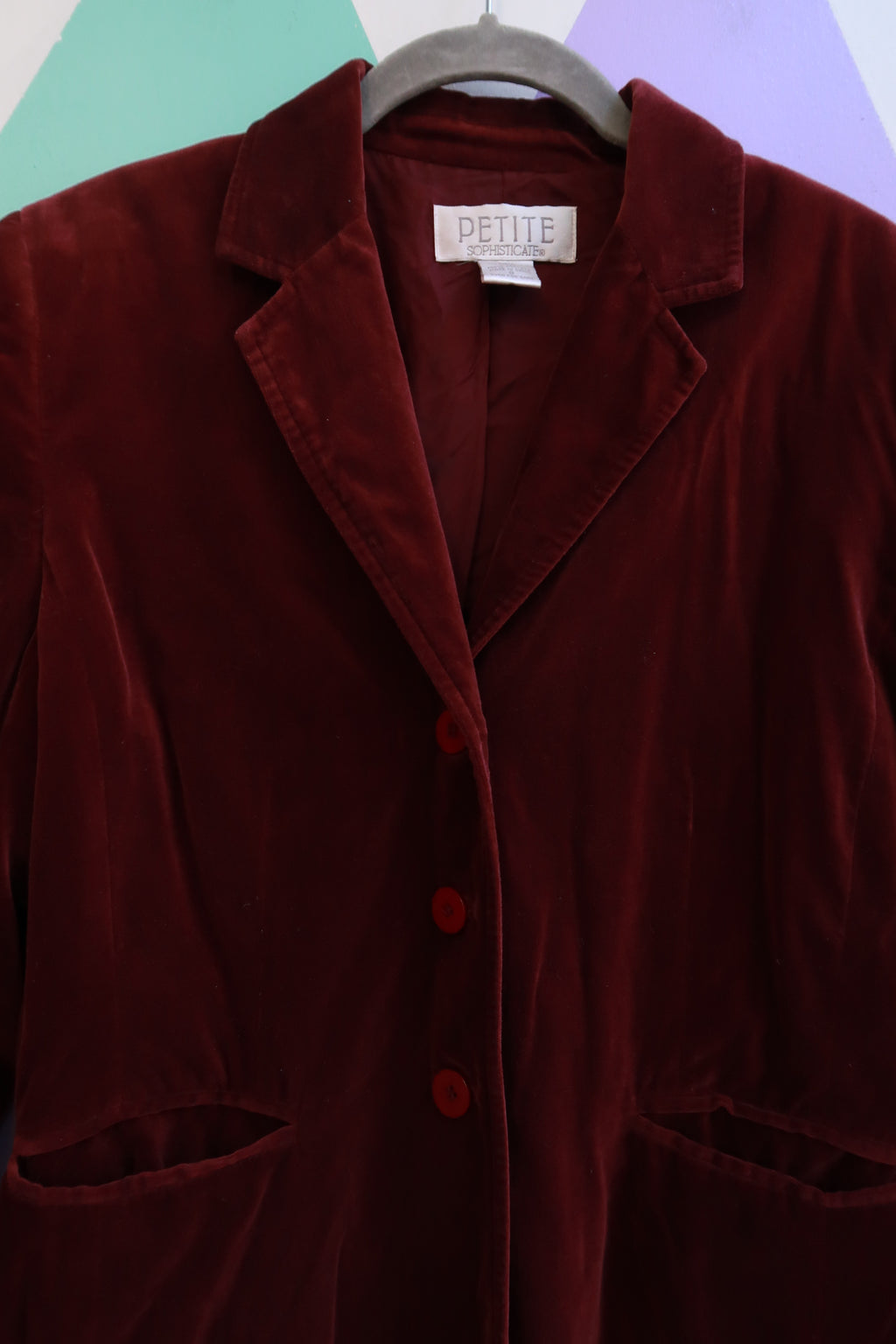 Vintage Burgundy Velvet Blazer Three Button Jacket