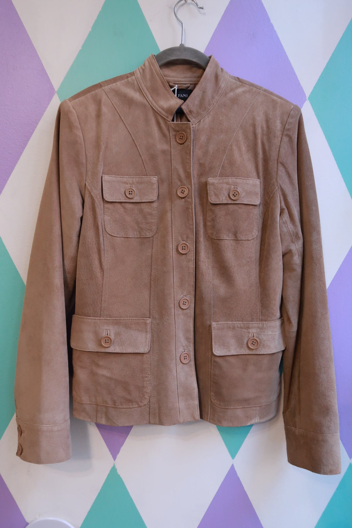 Vintage 2000s Tan Suede Leather Utility Safari Jacket Four Pocket Button Front