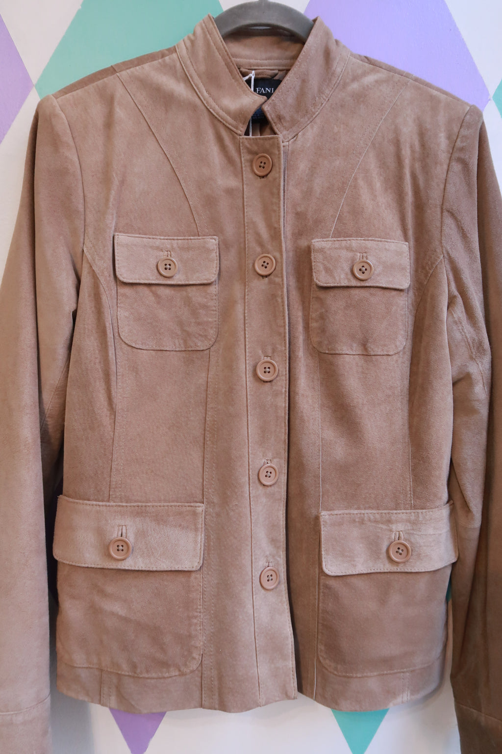 Vintage 2000s Tan Suede Leather Utility Safari Jacket Four Pocket Button Front