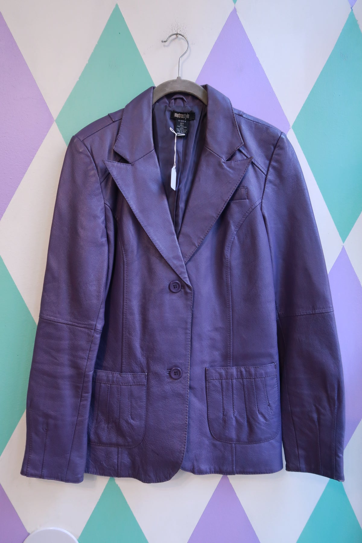 Vintage Purple Genuine Leather Blazer Jacket Two Button Fitted