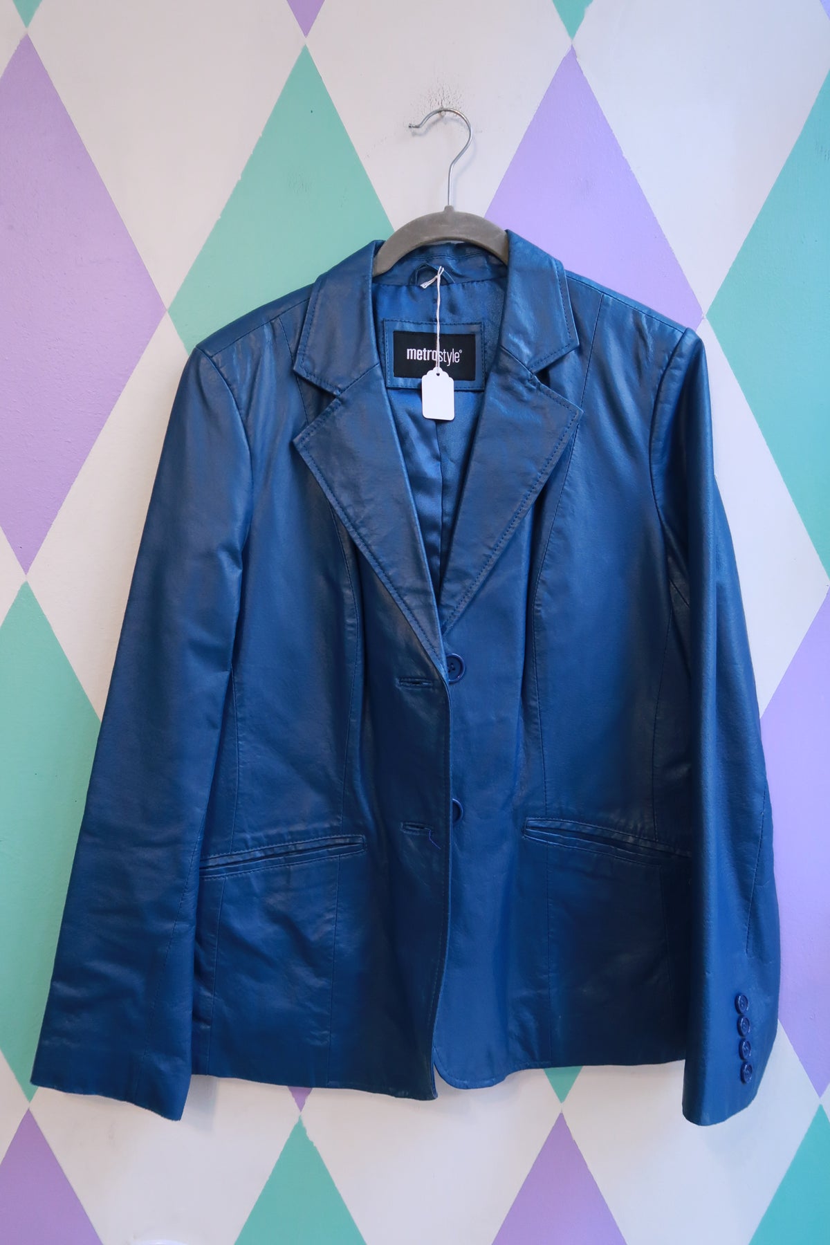 Vintage Metrostyle Blue Genuine Leather Blazer Jacket Two Button Fitted