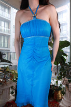 Load image into Gallery viewer, Vintage Elektra Silk Turquoise Halter Dress with ruched chiffon fabric, perfect for Y2K-inspired parties and elegant occasions.
