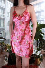 Load image into Gallery viewer, Pink floral satin mini dress by Elektra Vintage, 2000s Y2K slip-style cami dress with vintage floral pattern and satin fabric.
