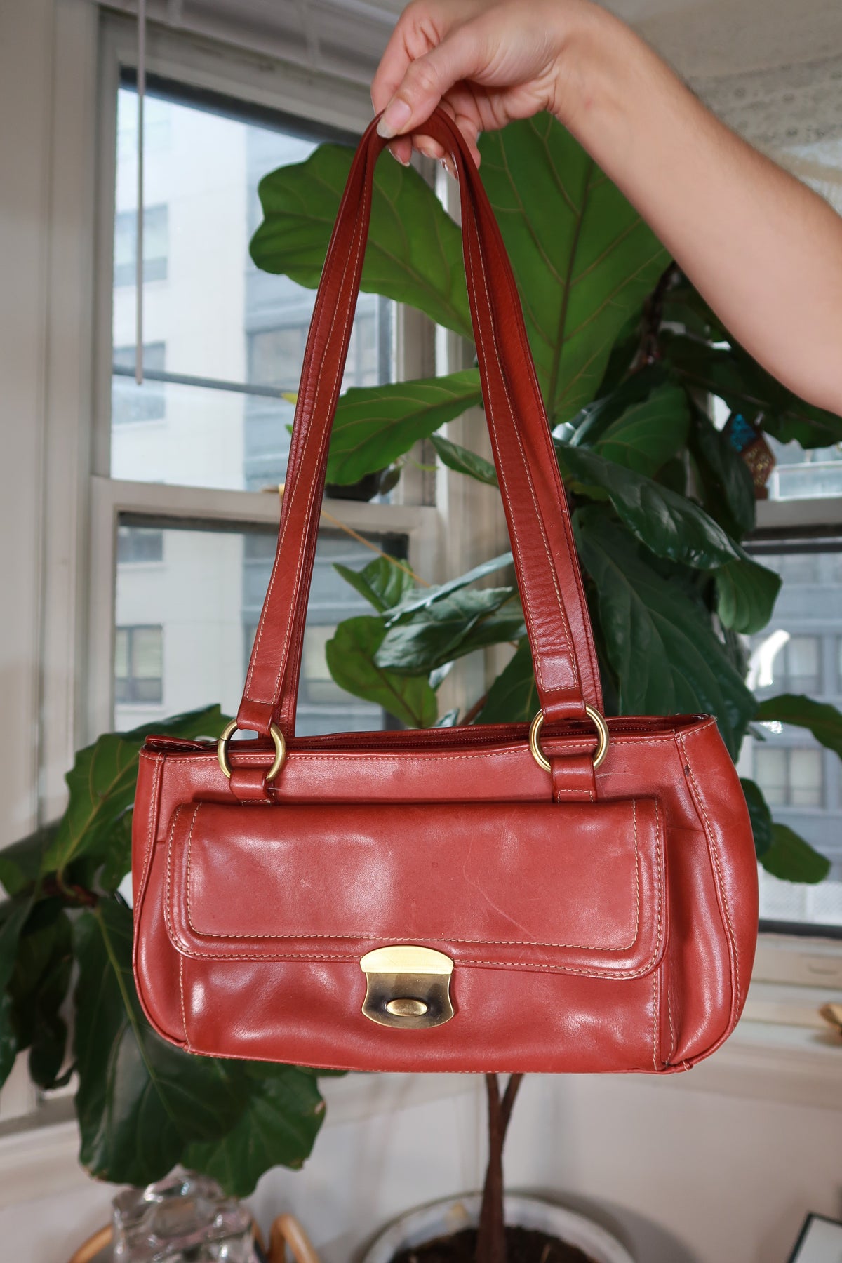 Vintage 2000s Red Leather Shoulder Bag Gold Hardware Y2K East West Handbag