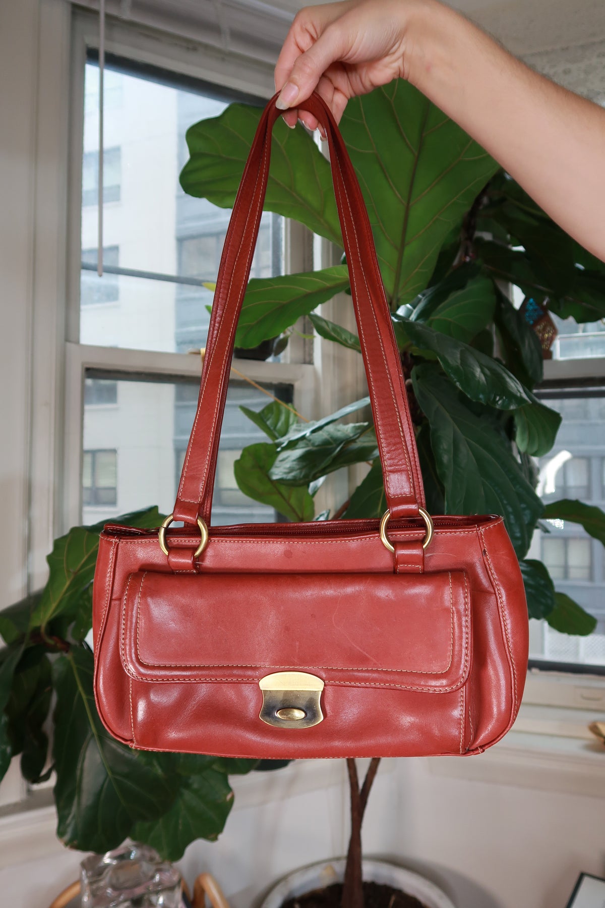 Vintage 2000s Red Leather Shoulder Bag Gold Hardware Y2K East West Handbag