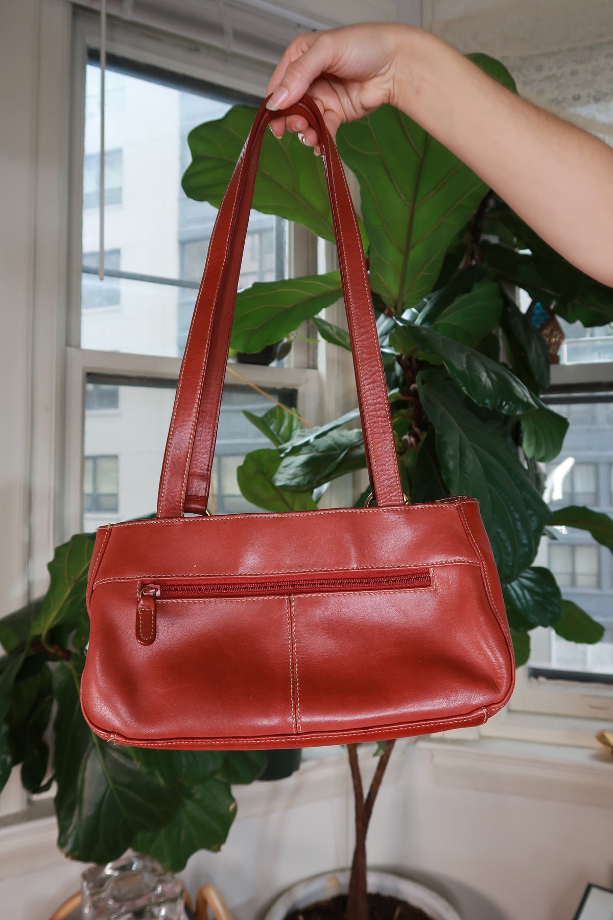Vintage 2000s Red Leather Shoulder Bag Gold Hardware Y2K East West Handbag