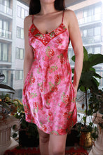 Load image into Gallery viewer, Pink floral satin mini dress by Elektra Vintage, vintage 2000s Y2K slip-style cami dress with floral print and satin fabric.
