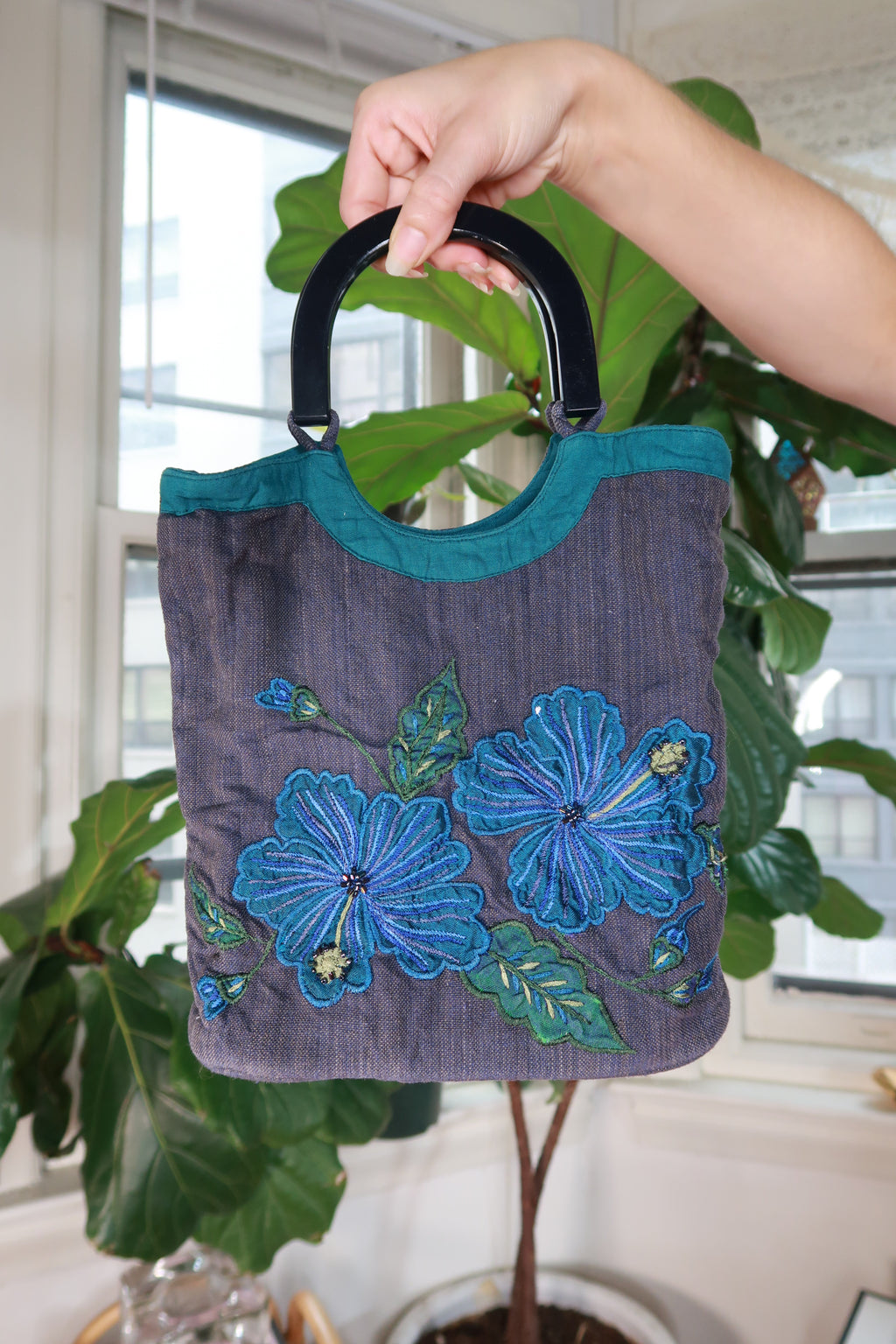 Vintage 2000s Embroidered Floral Tote Bag Blue Hibiscus Appliqué Y2K Top Handle Purse
