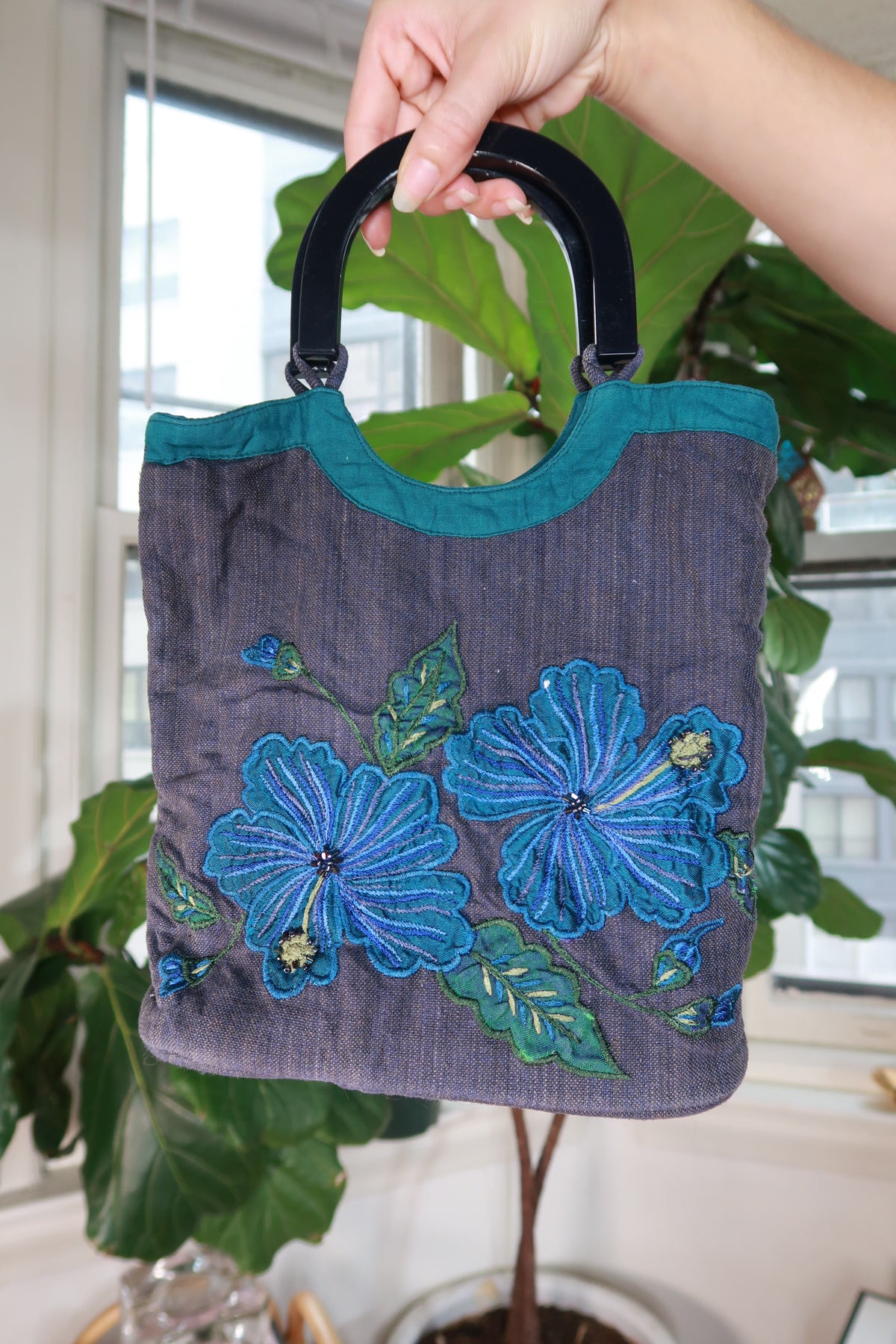 Vintage 2000s Embroidered Floral Tote Bag Blue Hibiscus Appliqué Y2K Top Handle Purse