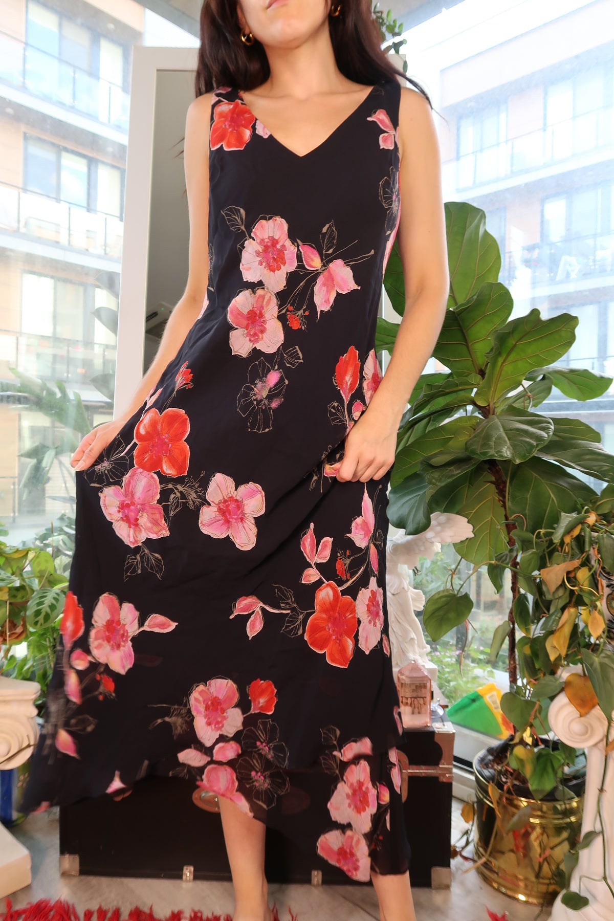 Vintage 90s Black Floral Midi Dress