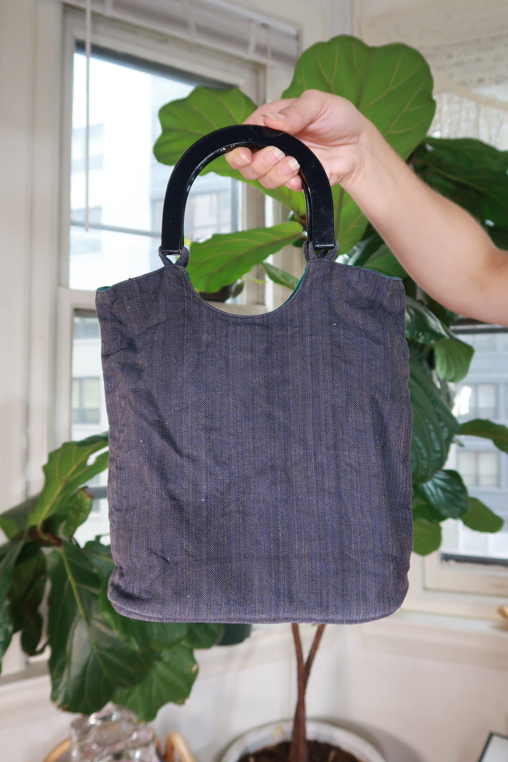Vintage 2000s Embroidered Floral Tote Bag Blue Hibiscus Appliqué Y2K Top Handle Purse