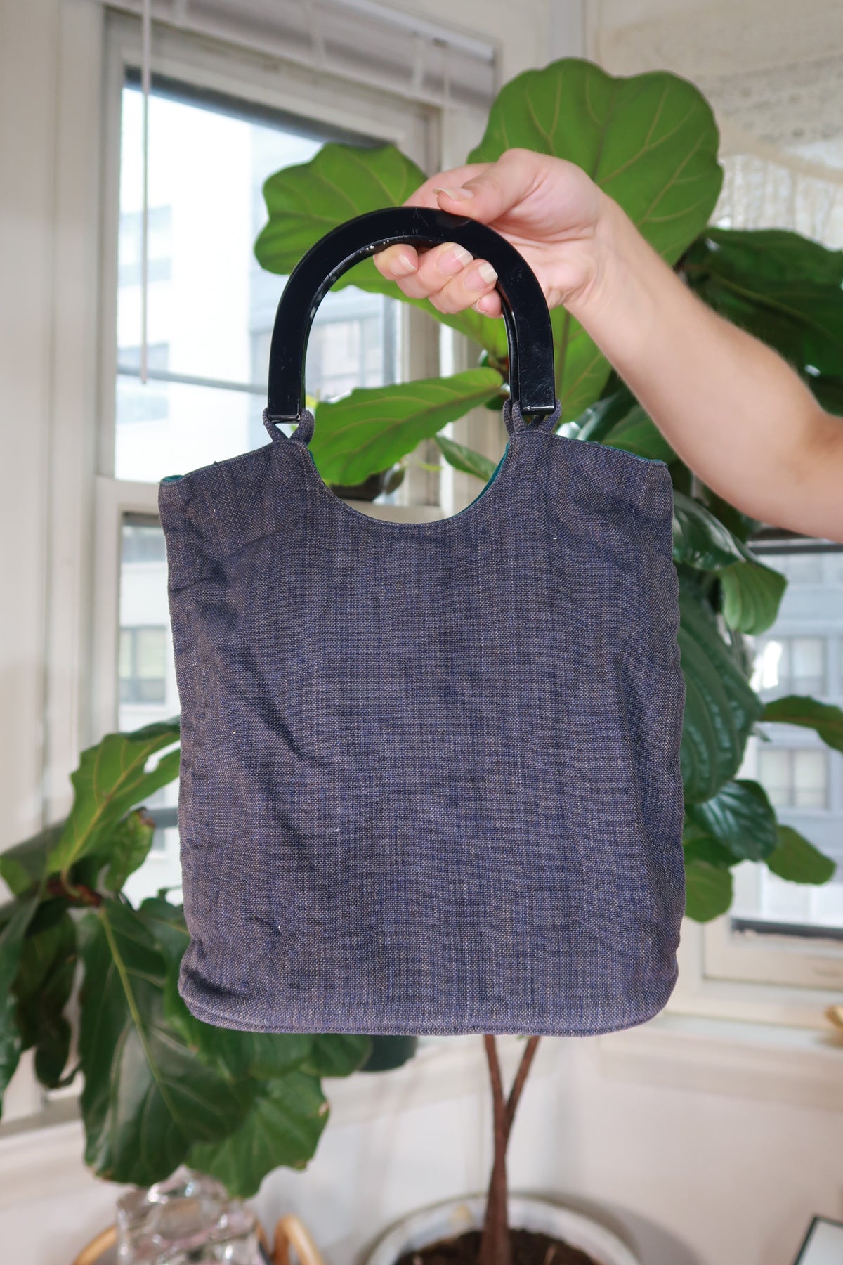 Vintage 2000s Embroidered Floral Tote Bag Blue Hibiscus Appliqué Y2K Top Handle Purse