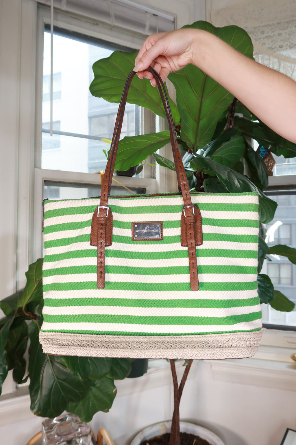 Vintage 2000s Green White Striped Woven Tote Bag Purse